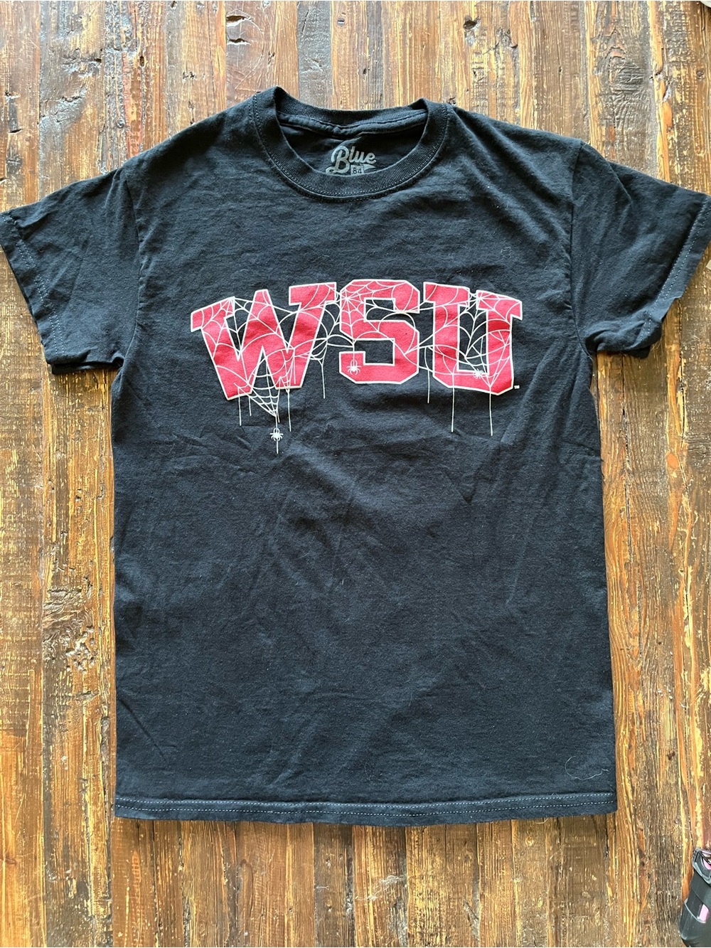 Blue 84 Black T-Shirt with Red WSU w/ Spider Web Halloween Graphic Sz S